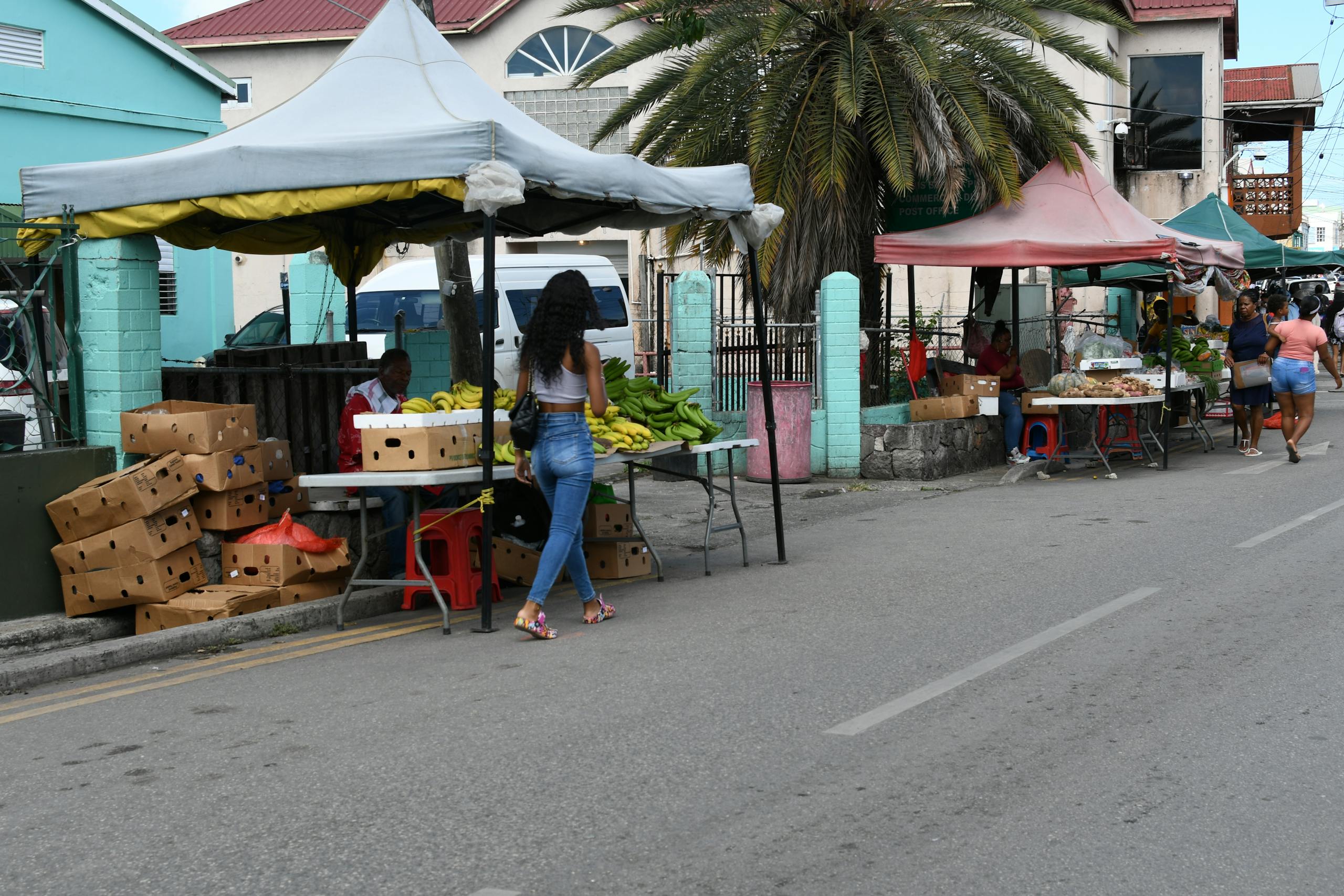 A bustling outdoor market in Saint John with people shopping for fresh produce.