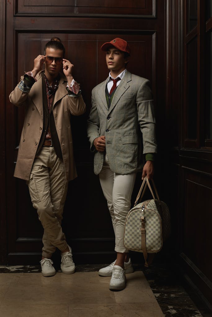 Two fashionable men in trendy outfits posing indoors. High fashion and elegance.