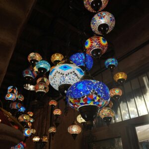 Vibrant Turkish mosaic lamps glowing indoors, creating a warm ambiance.